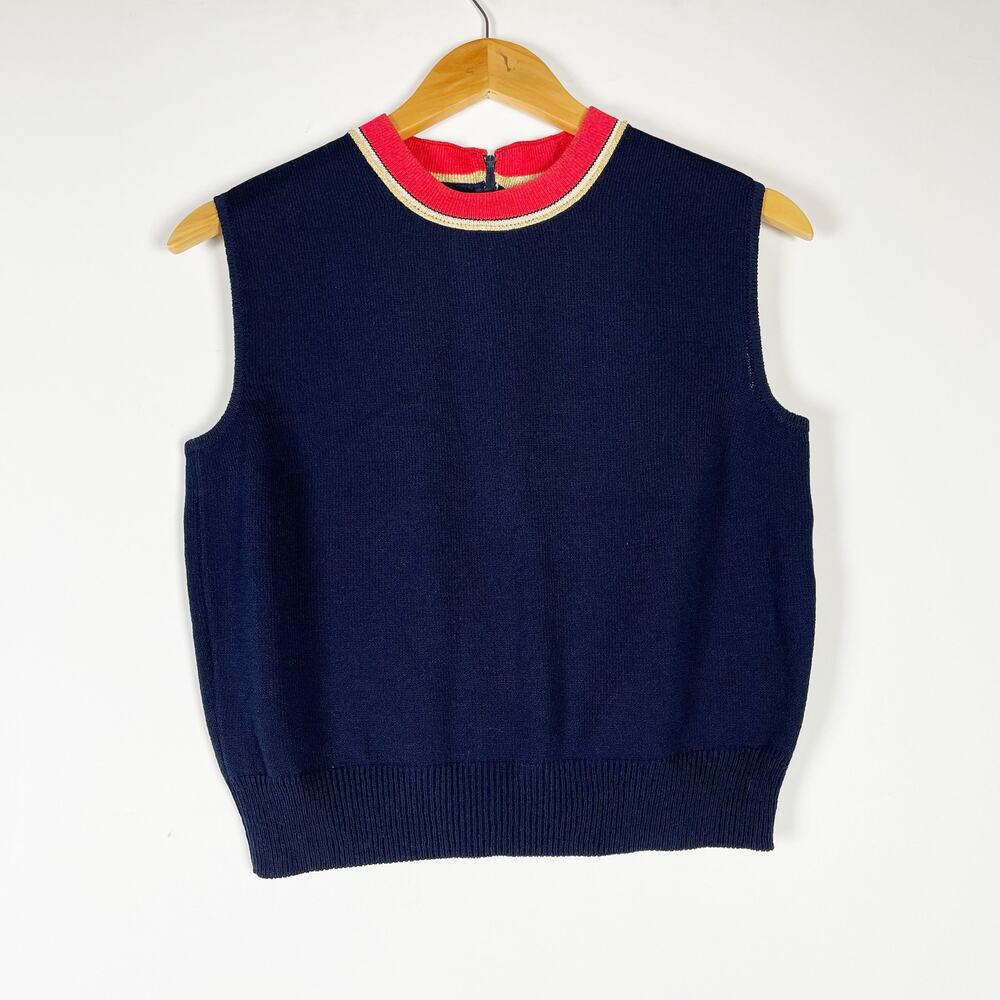 St John navy blue knit sleeveless top with red and gold trim Size Small - Picture 2 of 6
